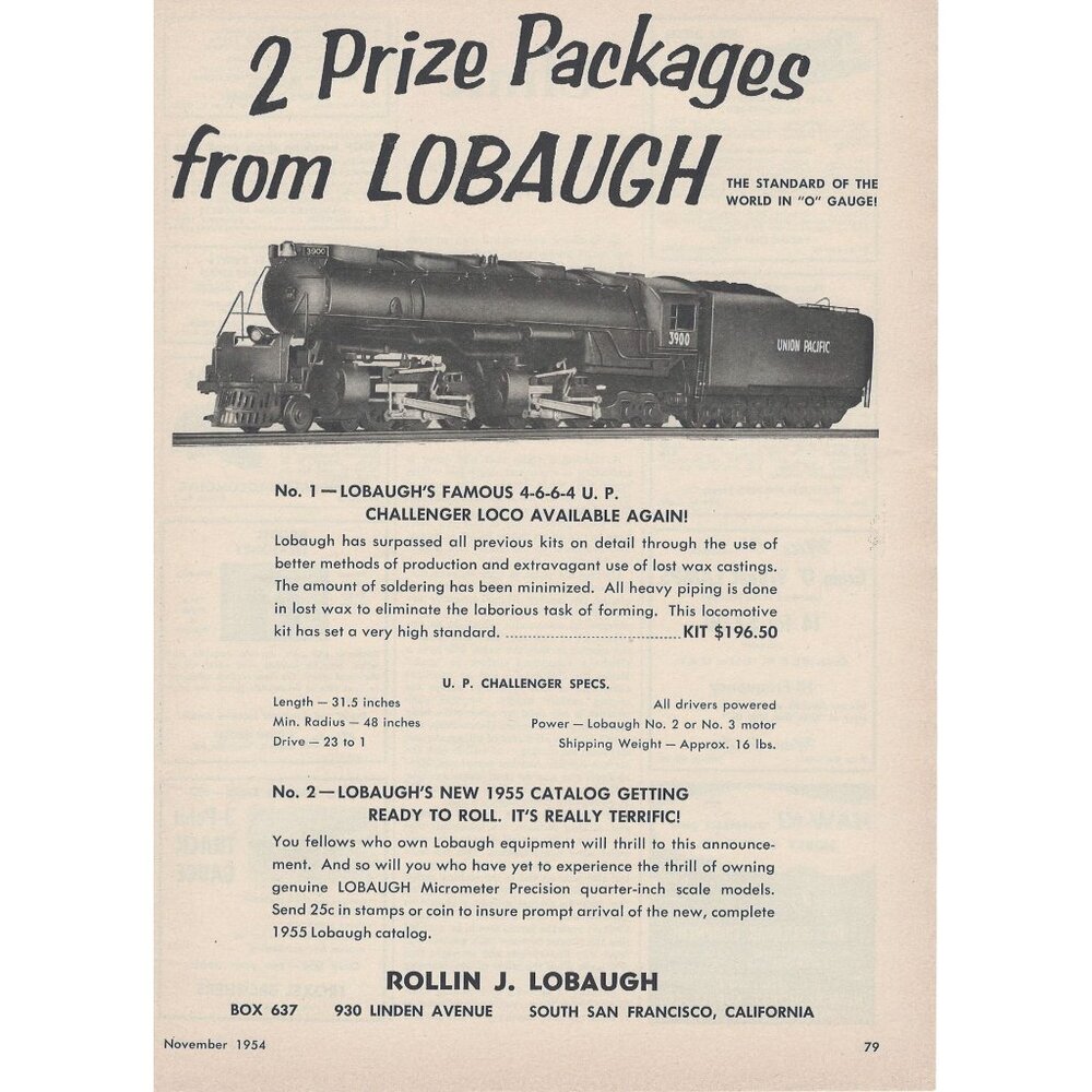 1954 Lobaugh Challenger HO Scale Kit Model Train u Ad Print Full Page Original V